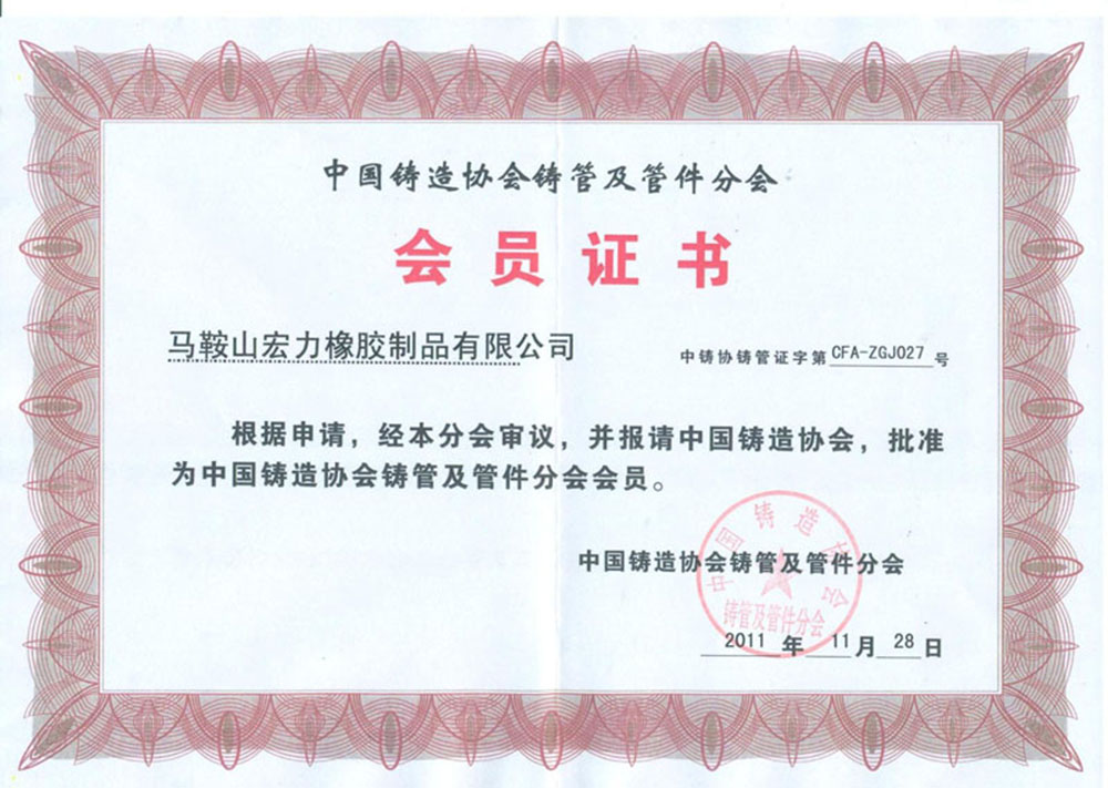 中国铸造协会铸管及管件分会会员证书